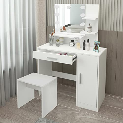 ML-Design Schminktisch Weiß mit Hocker, Frisiertisch mit LED-Beleuchtung, Spiegel, Schublade, 3 Fächer, Schrank, 90x38x137 cm, Damen & Mädchen Kosmetiktisch, Frisierkommode aus MDF Holz, Make-up Tisch