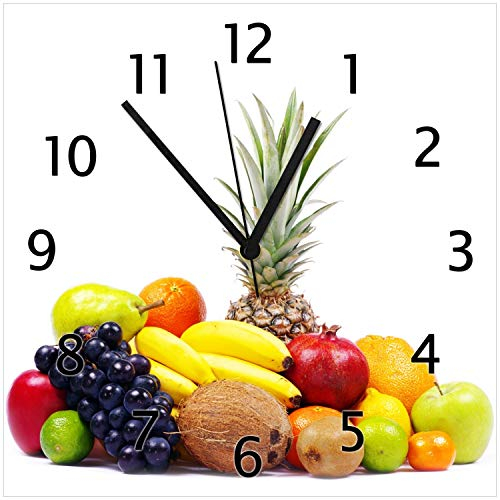 Wallario Design-Wanduhr Gemischtes Obst aus Aller Welt - Exotische Obstsammlung aus Glas, Motiv-Uhr Größe 30 x 30 cm, Schwarze Zeiger