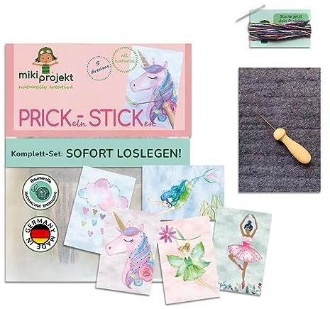 mikiprojekt® 2in1 Premium Prickelnadel Set Kinder inkl. Stickbilder, Wollfilz - ohne Plastik, made in Germany - Sicheres Prickeln & Sticken Kinder Set aus unbedenklichem Premium Material - Prickelset
