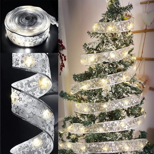 Guirlandes Lumineuses à Ruban Brillant, 5M Guirlandes Lumineuses 50 LEDs Lumière,Ruban Sapin Noël LED, Guirlande Decorative de Noël Nouvel An Mariage, Arc en Dentelle DIY à Piles Décor de Noël (A)