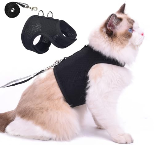 Rymningssäker kattsele och koppel för promenader, ventilerande nättyg, enfärgad svart, storlek XL, justerbar kattjacka, vadderad elegant kattväst