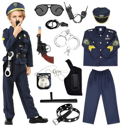 Alaiyaky Polizei Kostüm Kinder, 12 Pcs Polizist Kostüm Kinder Polizei Set Polizei Kostüm mit Mütze Handschellen Brille Walkie Talkie Taktstock, Polizei Ausrüstung Kinder für Karneval (Polizei, 120)