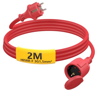 HUARUI Verlängerungskabel Outdoor 2m, Gummi Stromkabel Verlängerung mit Schuko Stecker für den Außenbereich IP44, Kabelverlängerung H05RR-F 3G1,5mm² mit Schutzkappe, Elektrokabel außen, 3500W, rot
