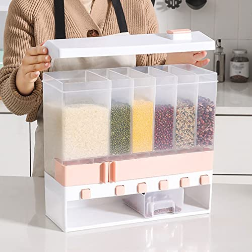 ARICCI Automatic Kitchen Storage Tank, Large Capacity 6-Grid Cereal Dispensers, Home Space Saving Dry Food Storage Box, for Coffee Bean, Rice, Oats,Green (Pink) vision