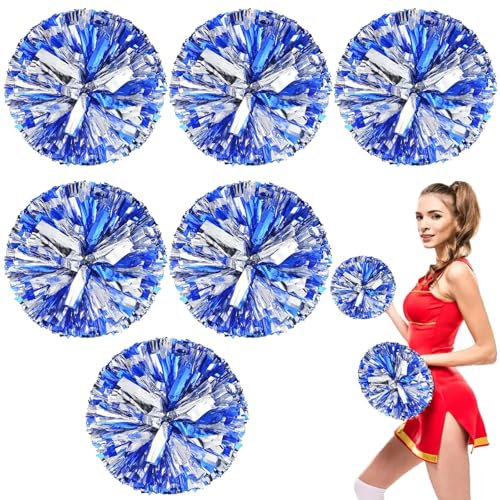 6 Stück Cheerleader Pompons:Cheerleader Puschel mit Griffen, Pompoms Cheerleading,Schön Pompons Cheerleader Hand Blumen-Bänder,Metallic Pompoms Cheerleading für Sportwettbewerb Tanzen Cheers(Blau)