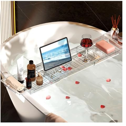 Tablett-Badewannen-Aufbewahrungsregal, Erweiterbares Badewannen-Tablett, Badewannen-Organizer, Wannen-Caddy Aus Kunststoff, Badewannenhalter/-Ständer, Multifunktions-Aufbewahrungswannenregal (Transpa