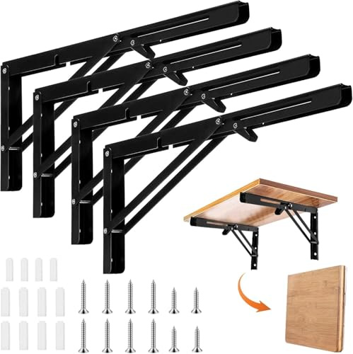 TEGOVE 4 Piezas Escuadras Abatibles,Escuadras para Estanterias,Soporte de Estante Plegable Pared Soporte de Estante,Soporte Estantería Plegable Metal para Cocina,Oficina,Mesa-Negro