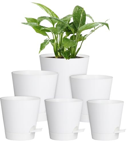 Homeuouz 6 Packs Blumentopf Selbstbewässernd, 20.3/17.8/16.5/15.2/14/12.7cm Pflanzentopf mit Bewässerungssystem, Übertopf mit Untersetzer, Blumentöpfe Set Ideal für Innen und Balkongärten, Pure White