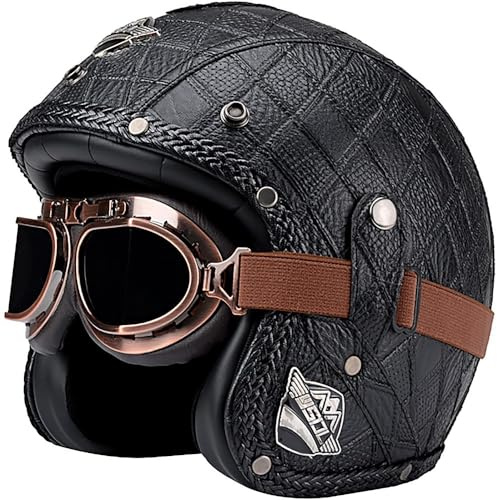 Halbschalenhelm Leder Jethelm, 3/4-Vintage-Pilot-Halbhelm mit Brille, ECE-zugelassen für Damen Und Herren, Open Face Leder-Helm Winddichter Motorrad Roller Helm