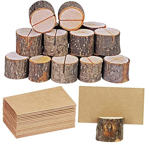 ULDIGI 1 Satz Stumpfnotizen Hochzeitsdekorationen Namenskartenhalter für den Hochzeitstisch Holzstumpf Notizhalter Holzstumpf Dekoration Holzklemme Zettelhalter aus Holz Kraftpapier