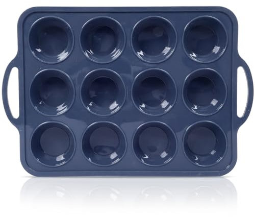 SUPER KITCHEN Grande Moldes Magdalenas Silicona con Asas, 12 Huecos, Esqueleto Metálico Externo, Antideslizante, Hornear Muffins, Cupcakes, Postres, Libre de BPA, Gris
