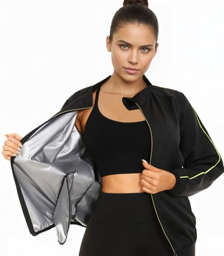 LAZAWG Women's Sauna Suits Sweat Sauna Jacket Top Workout Body Shaper Fitness Training Shirt Slimming, Sauna black, S