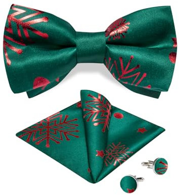 DiBanGu Mens Weihnachten Pre-Tied Fliege Seide Festival Fliege und Pocket Square Manschettenknopf Set für Weihnachtsfeier Urlaub, grün und rot