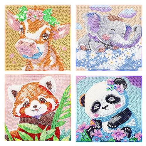 Rongxze 4 Stücke Diamant Painting Kinder, Full Diamond Painting Bilder Kinder Tiere Set, DIY Diamant Painting Bilder mit Diamond Painting Zubehör für Home Wand Decor, Kindergeschenke 17x17cm