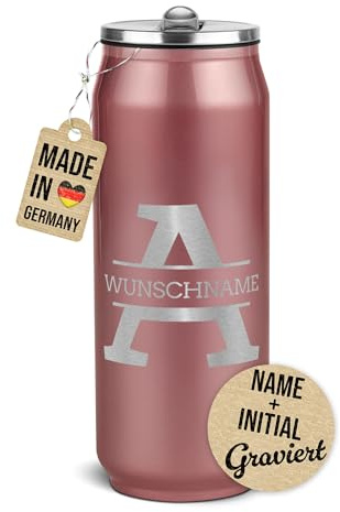 Print Royal PR Edelstahl-Trinkflasche mit Gravur - mit Buchstabe & Name personalisiert - Cola-Dose mit Initiale - Geschenk für Freunde, Familie | Doppelwandig, mit Trinkhalm, Rosé metallic 420 ml