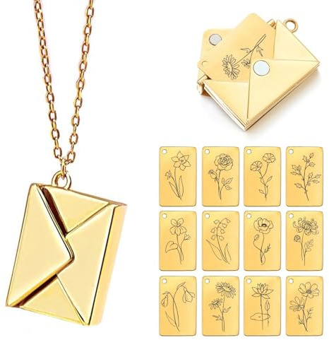 Urijk Personalized Envelope Locket Necklace with Photo, Custom Love Letter Necklace, Gold Locket Necklace, Secret Note Necklace, Letterbox Necklace, Personalized Necklace for Women(Gold-A)