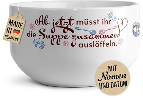 Print Royal PR Müslischale mit Namen und Datum selbst gestalten - Suppe gemeinsam auslöffeln - Witziges Geschenk zur Hochzeit | Personalisierte Geschenke, Keramik, 500 ml
