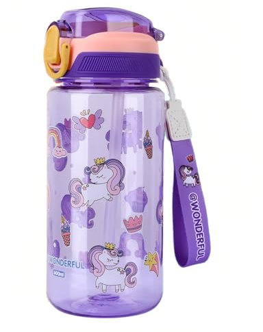 MHwan Trinkflasche Auslaufsicher Kinder, 600ml Robuste und Bruchsichere, BPA-Frei, One-Touch-Öffnung, Leicht zu Reinigen, Wasserflasche mit Strohhalm, Geeignet für Schule und Outdoor