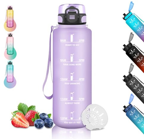 Borraccia 1,5 litri, Borraccia Motivazionale Senza Perdite, Borraccie Graduata, con Scala Temporale, Bottiglie per Bere di Piu, Facile da Pulire, Borracce per Sport, Campeggio, Trekking, Yoga, Viola