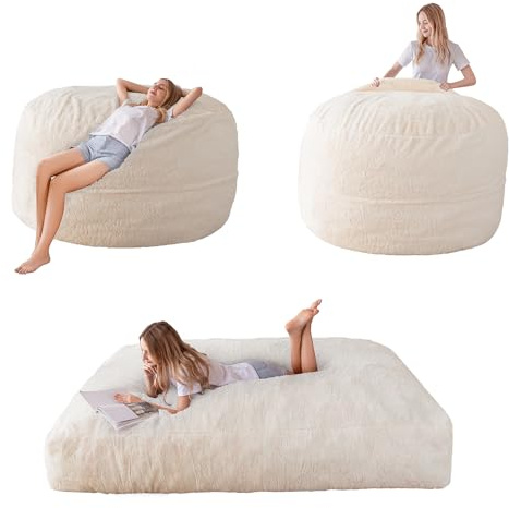 MAXYOYO Sittsäckssäng – kan omvandlas från sittdyna till säng – skumsoffa med lurvigt överdrag och fluffig fyllning för vuxna, ungdomar, gäster (beige, 135 x 190 cm)