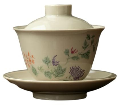 Chinesische Retro-Holzschüssel mit Deckel, grau glasiert, Kung-Fu-Teeset, lila Chrysantheme