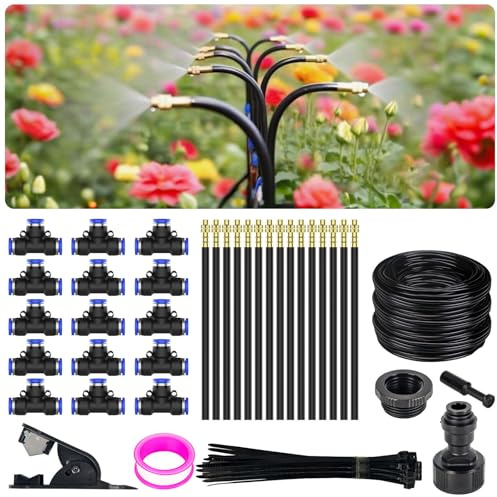 360° Einstellbar Garten Bewässerungssystem, Garten Bewässerungsschlauch Kit 15M with 15 Düsen, Tropfbewässerung Misting Kühlsystem für hochbeet Gewächshaus Terrasse Pflanzen Garden, 0.78cm Schlauch