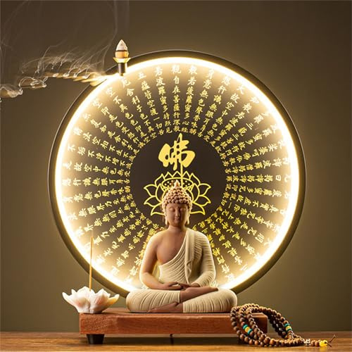 Large Buddhist Statue with Artificial Tree And LED Circle Table Buddha Figure Lamp Wall Light 3D Mural Sconce Lamp Zen Light Wall Decor Hanging Artwork Wall Art for Living Room Incense Porch