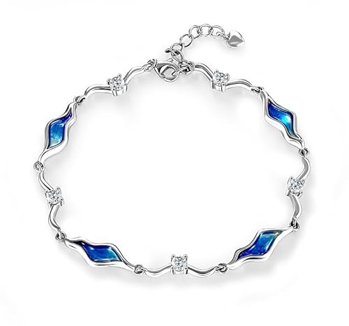 Bracelet pour femme avec zircone bicolore - Nuit d'été - Vagues de rivière - Bracelet avec pierre taille ronde - Bracelet à paillettes en argent sterling - Réglable - Pour femme et fille, Eine Grösse