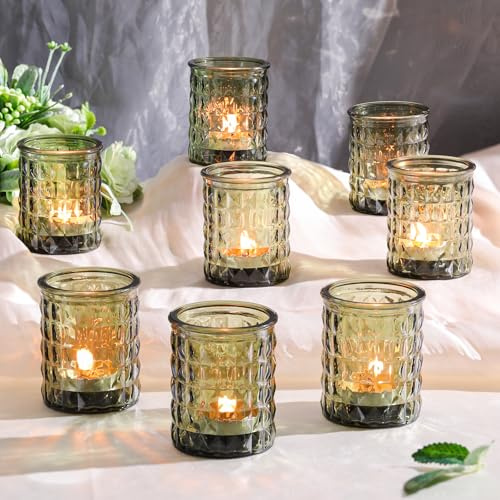 LETINE 12PCS Tealight Holders, Green Candle Holders for Home Decor, Glass Tea Light Candle Holders for Dinner, Wedding, Celebration, Christmas, New Year