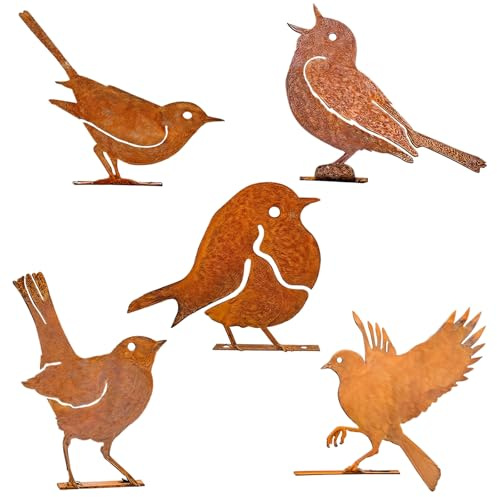 Packool 5 Pcs Rustic Bird Decorations, Iron Bird Craft Ornaments Outdoor Metal Bird Silhouettes, Garden and Patio Decorations,Easy Installation for Fences, Windowsills, Trees