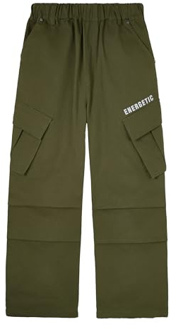 Rolanko Pantaloni Cargo per Ragazzi, Vita Elastica Pantaloni da Jogging Chino a Gamba Dritta in Cotone con Multitasche per Bambini 7-15 Anni, Verde Militare, 160, 12-13 Anni