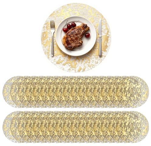 Komforbaa 100 Stück Einweg-Platzsets Rund 33cm, Goldfolien-Design Polyester Tischsets, rutschfest & Pflegeleicht für Hochzeit Party & Event Deko Gold