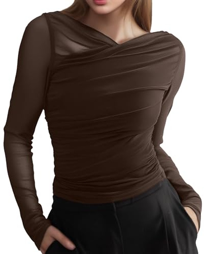 Maglia da donna in rete, trasparente, per feste, in tulle, per clubwear, in pizzo, sexy, colore nero, maglietta elegante, top per club e tunica trasparente, A02 marrone, M