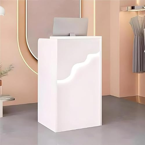 CDDUOLA Pequeño mostrador con luz LED, moderno mostrador con cajón con cerradura, mostrador blanco para tienda de ropa, vestíbulo, salón de belleza, color blanco, 60 x 40 x 96 cm