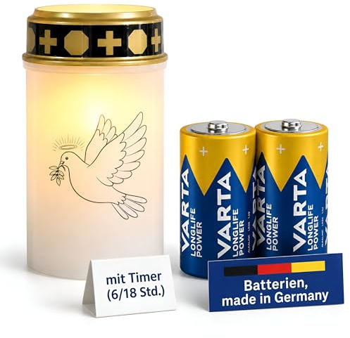 Fachhandel Plus LED Grablicht mit Timer 6/18 Std Motivwahl Grabkerze LED mit Batterie inklusive 2x Varta Longlife C LR14 für Friedhof Gedenkplatz und Außenbereich (Weiß, Taube)