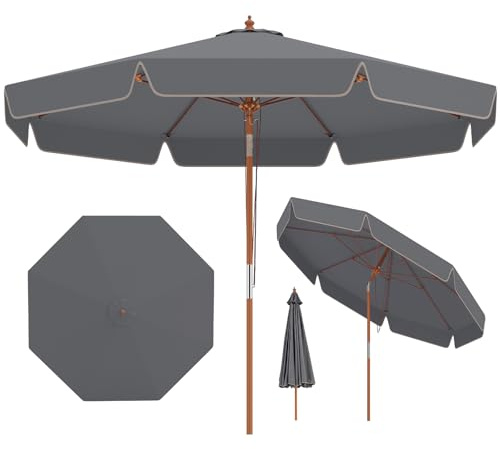 RELAX4LIFE Parasol Inclinable 3M à Volants, Parasol de Jardin Exterieur en Bois de Hêtre, 8 Baleines en Fibre Verre, Inclinaison 30°, Levage à Corde, 2 Positions, pour Terrasse Balcon Patio (Gris)