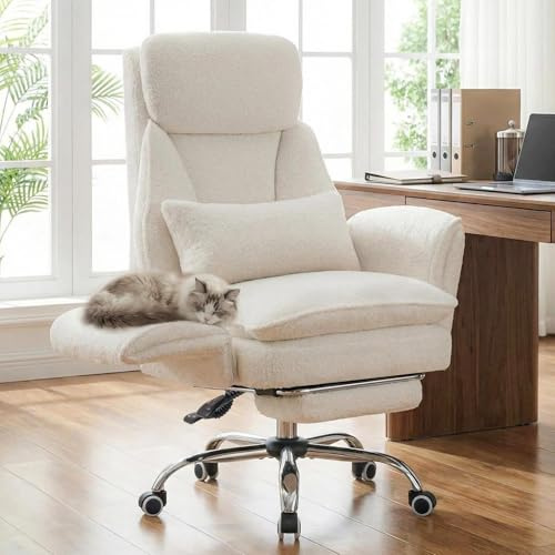 Ckaff Chaise de Bureau avec Accoudoirs Réglables sur 5 Niveaux, Fauteuil de Bureau Ergonomique avec Repose-Pieds et Soutien Lombaire, Chaise Gaming à Hauteur Réglable en Boucé 200kg, Blanc