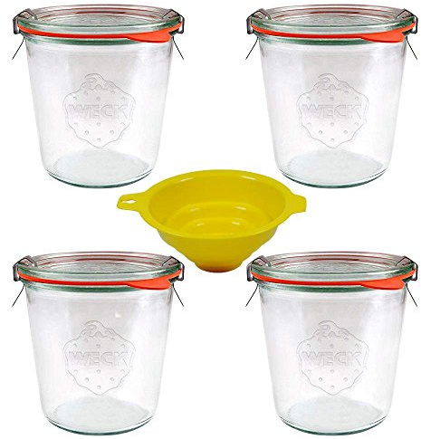 Viva-Haushaltswaren - 4 Weckgläser, Rundrandgläser in Sturzform 500 ml (auch gut geeignet für Kuchen im Glas) inkl. Klammern+Ringe und einem gelben Einfülltrichter mit Arretierung