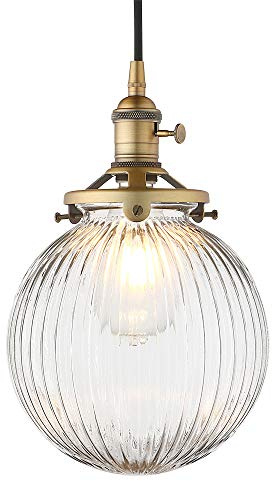Glas Pendelleuchte Hängelampe für Küche Esszimmer Schlafzimmer Bad Gold | E27 vintage Deckenleuchte Kronleuchter Industrie innen Lampe mit Geriffelte Klarglas Lampenschirm Ø20CM