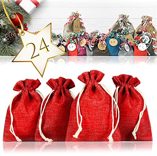 Ganzoo Jutebeutel 24er Set Adventskalender rot 13 cm x 9,5 cm mit Zugband und Geschenk-Verpackung, kleine Beutel aus 100% Jute zum Befüllen für Deko und DIY