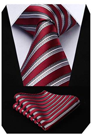 HISDERN Herren Krawatte Gestreifte Hochzeit Krawatte & Einstecktuch Set Rot & Grau