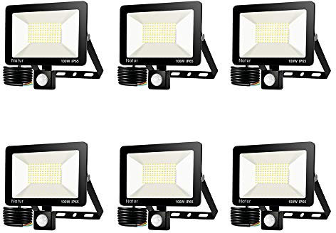 6pack 100W Foco LED con Sensor de Movimiento, Proyector Led Exterior Brillante 6000K Blanco Frío Foco LED Detector IP65 Impermeable para Jardín, Patio, Garaje