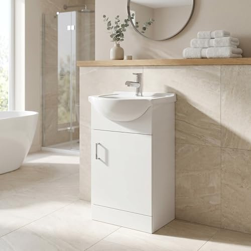 Affine® 450mm Vanity Unit Basin Sink Bathroom Storage Cabinet Cupboard Freestanding, Single Tap Hole Ceramic Wash Basins, Soft Close Door, White Gloss