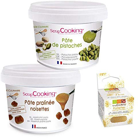 Pasta de pistachos 200 g + Pasta de avellanas 200 g + Brillo dorado comestible