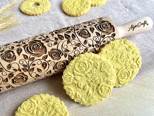 Nudelholz DAMASCUS ROSEN. Teigrolle mit Rosen für Hausgemachtes Gebäck. Teigroller mit Blumen. Gravierte Nudelholz mit Muster von Algis Crafts