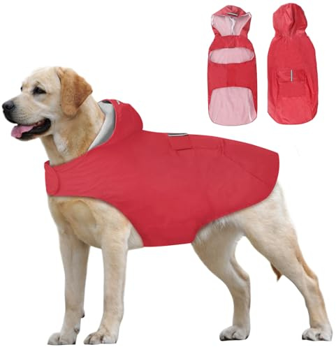 Idepet - Mantella per cani con cappuccio e foro per il collare, impermeabile e riflettente, per cani di piccola, media e grande taglia Rosso