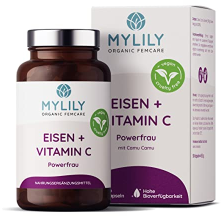 MYLILY® Eisen Vitamin C I Powerfrau I Eisentabletten vegan I PFLANZLICH aus natürlichem Sandorn Extrakt I 90 Kapseln I Hohe Bioverfügbarkeit I Deckt den Tagesbedarf