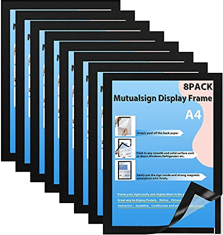 Mutualsign Lot de 8 cadres magnétiques A4 autocollants pour fenêtre/mur publicités, avis, licence (lot de 8, noir)