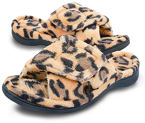 Git-up Ladies Memory Foam Slippers with Arch Support Adjustable Hook and Loop Women Slippers Diabetic Open Toe Soft Bedroom House Slippers for Indoor Outdoor Shoes UK7.5/8.5 LEOPARD