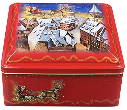 MediMuc Weihnachtsdose Nikolaus - wunderschöne rote Keksdose mit Nikolaus auf einem Schlitten - lebensmittelecht - Vorratsdose, Keksdose, Maße: (L x B x H): 20,0 x 20,0 x 11,0cm, Volumen 4,4L